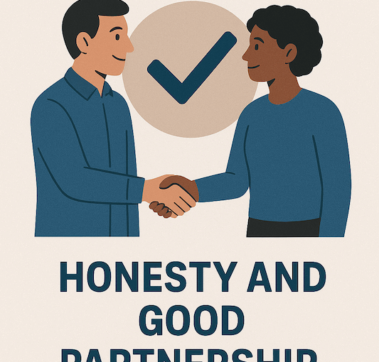 Illustration of a handshake symbolizing trust and strong partnerships, with the GetMyLot.com mission statement text highlighting integrity, honesty, and customer-centered service.