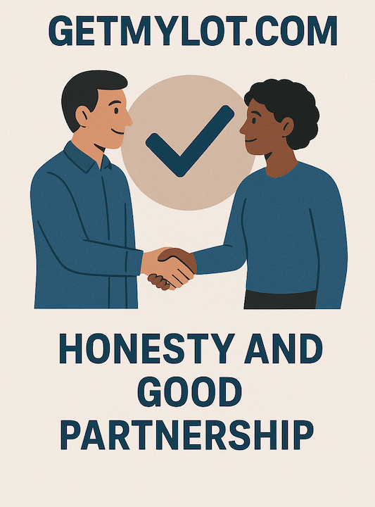 Illustration of a handshake symbolizing trust and strong partnerships, with the GetMyLot.com mission statement text highlighting integrity, honesty, and customer-centered service.